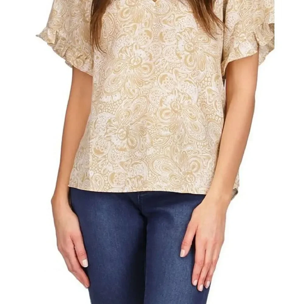 MICHAEL KORS PAISLEY-PRINT RUFFLED-SLEEVE TOP in Khaki, XS $98 MSRP